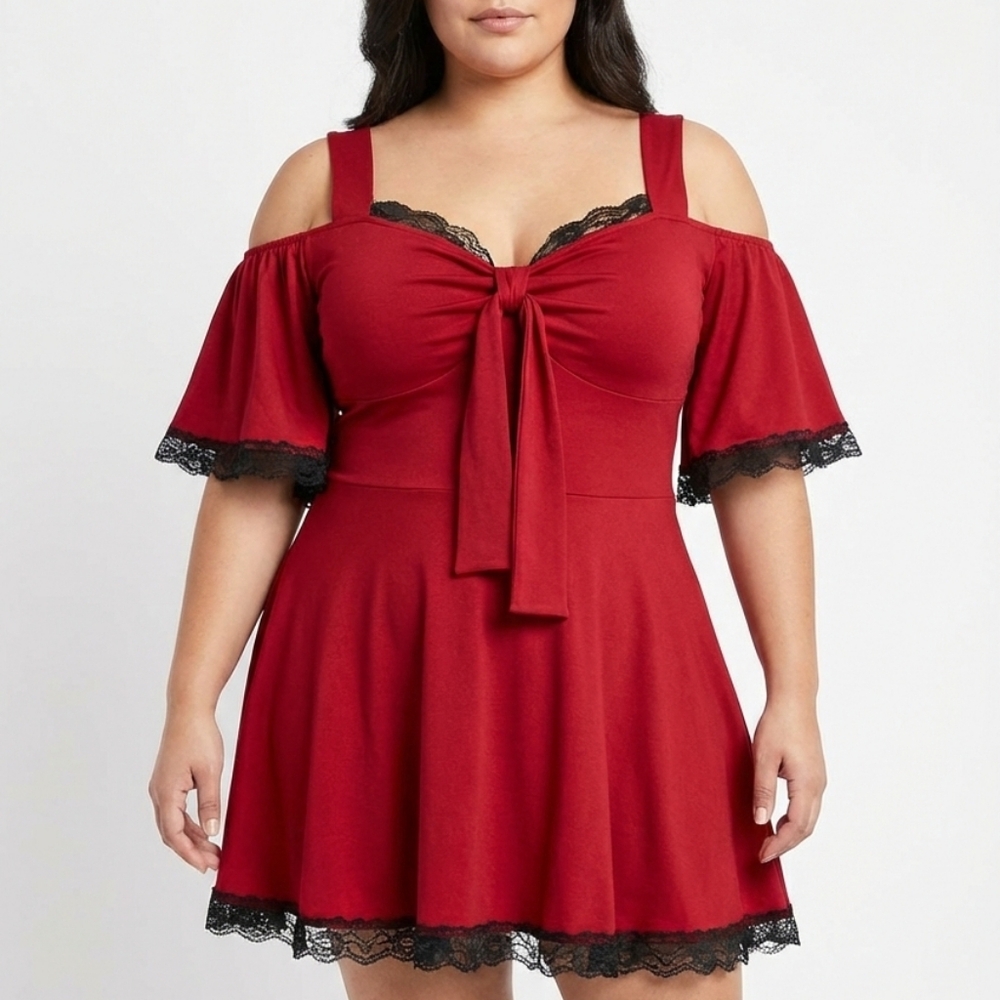 Size 18 Lace Trim Red Cold Shoulder Top (Tag Size 46)